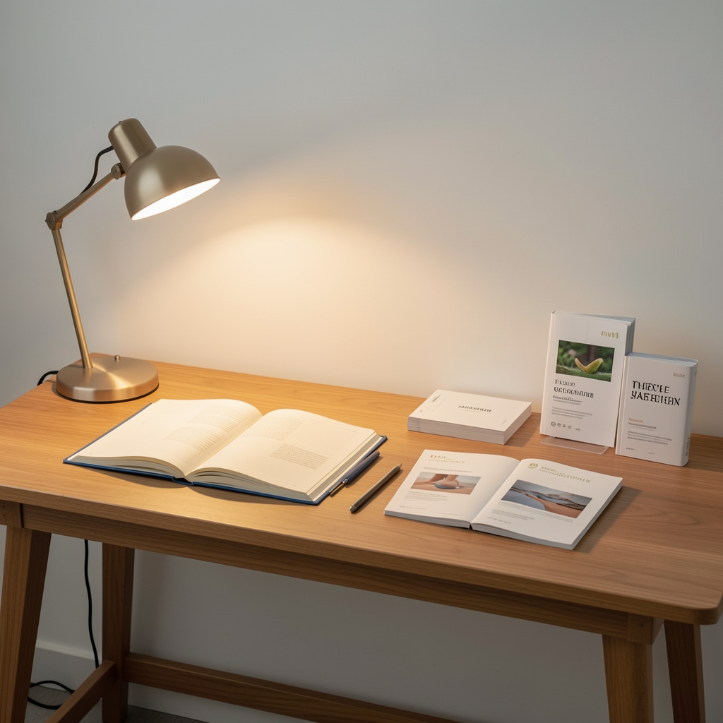 Editorial workspace in a minimalist Jakarta office, open notebooks with handwritten wellness research notes arranged beside a laptop on a dark wooden surface under controlled studio lighting