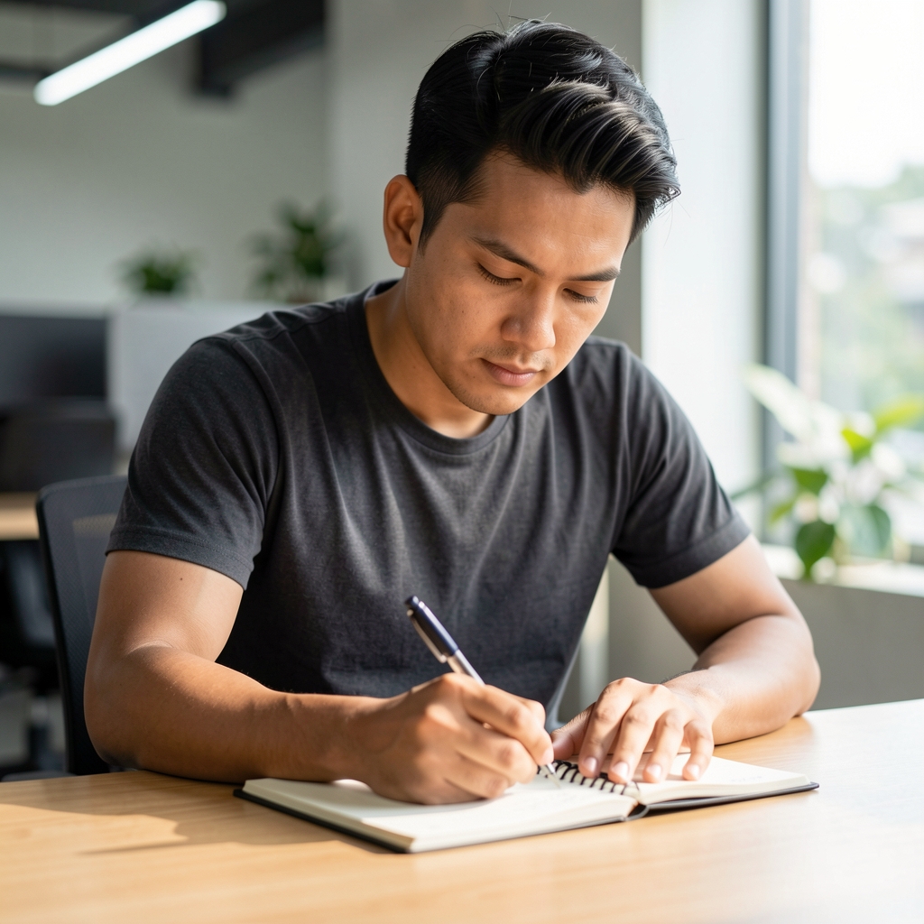 Portrait of a focused male wellness contributor writing in a notebook at a clean wooden desk with natural sidelight, indoor Jakarta editorial office environment