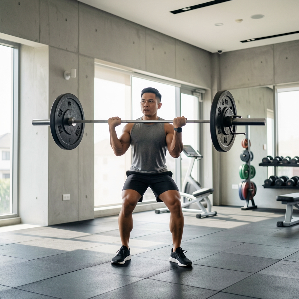 Active man in a well-lit Jakarta gymnasium performing controlled barbell strength training, modern minimalist facility with clean concrete walls and natural morning light