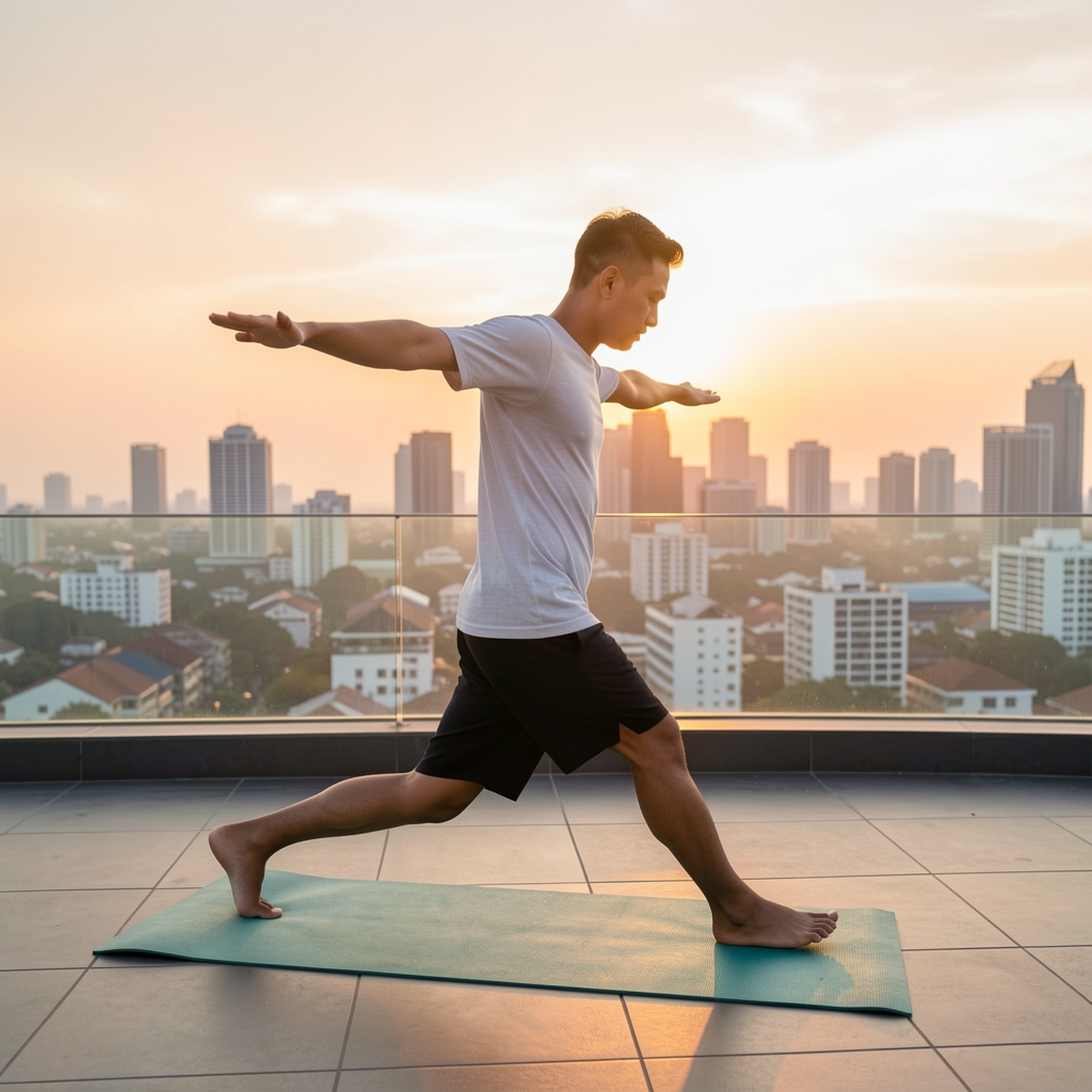 Man following a structured morning wellness routine on a Jakarta rooftop at sunrise, light stretching routine with city skyline visible in background
