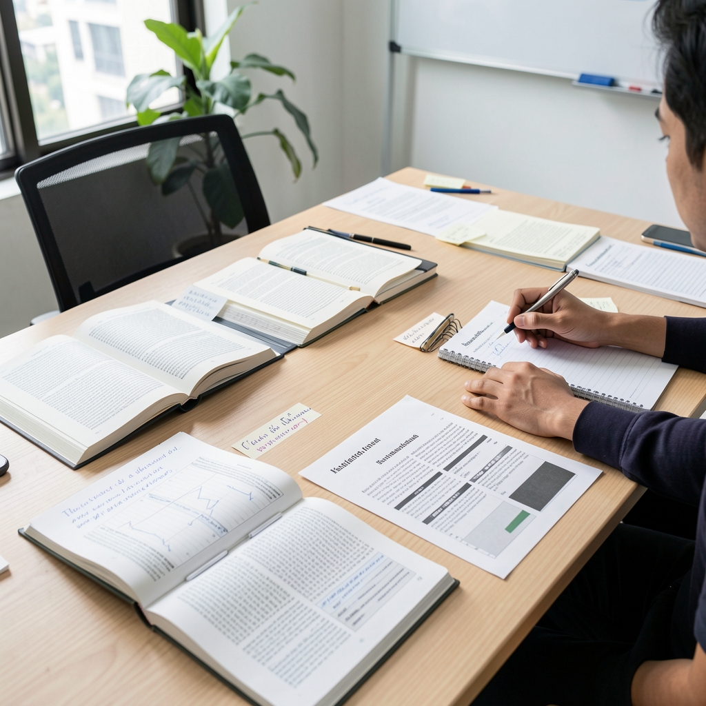 Editorial review session in a Jakarta workspace with open reference books, printed research abstracts, and annotated notes spread across a clean wooden table under bright studio lighting