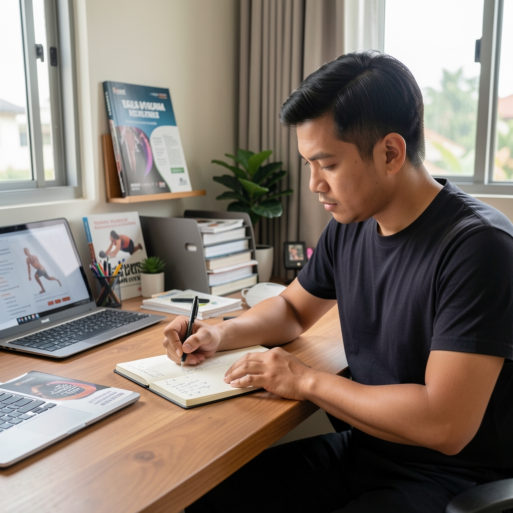 Man writing detailed wellness observations in a structured notebook on a wooden desk in a Jakarta home office, natural morning light, organised workspace with fitness reference materials