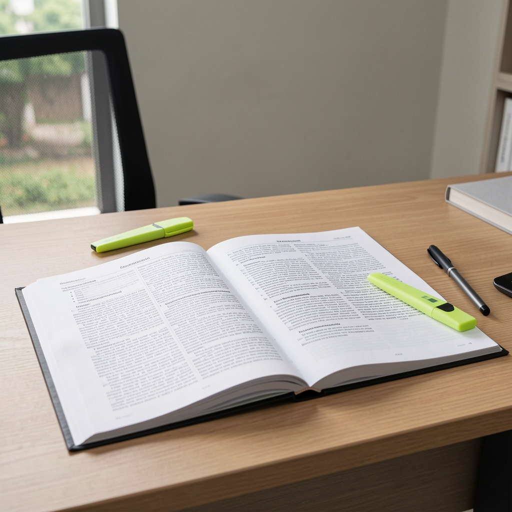 Open academic journal and printed nutrition research abstracts laid on a desk with a highlighter, in a clean Jakarta editorial workspace with neutral walls