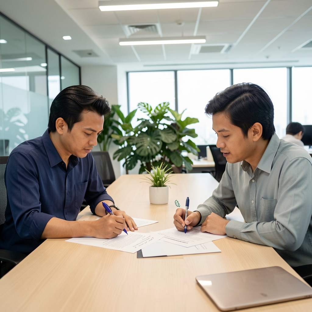 Two people reviewing printed wellness article drafts at a meeting table in a Jakarta office, marking annotations with pens, bright overhead lighting and plants in background