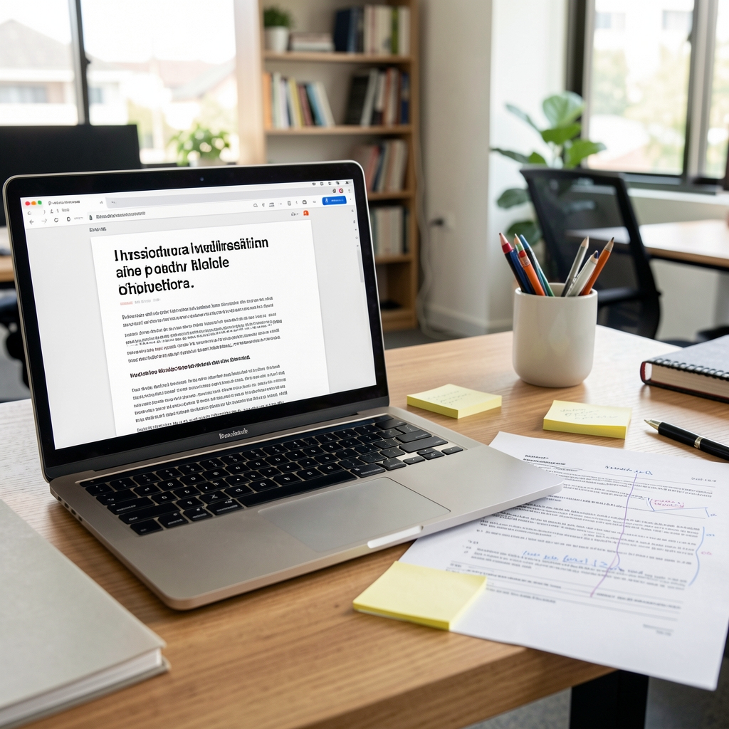 Laptop showing a published wellness article being reviewed on screen, with sticky notes and revision markings visible on a printed draft alongside it, desk in a Jakarta editorial office