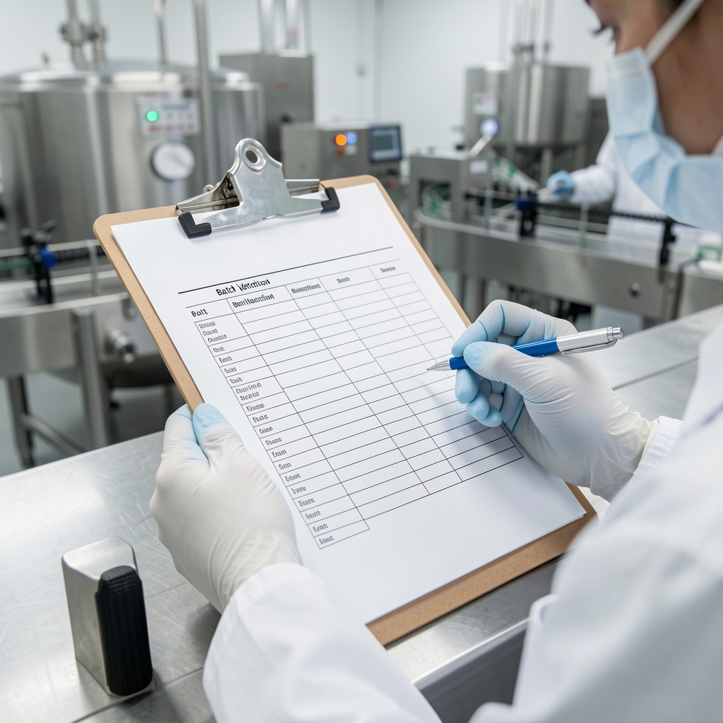 Close-up of a quality control clipboard with batch verification checklist in a clean food-grade production facility, practitioner wearing gloves reviewing documentation under bright studio lighting