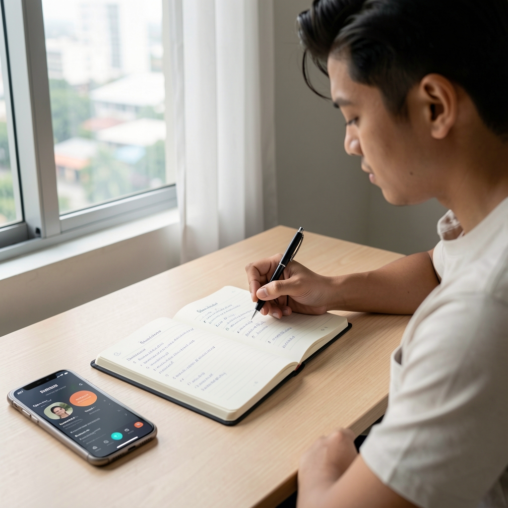 Man reviewing wellness tracking notes in a structured journal at a minimalist desk, pen in hand, phone with fitness app visible nearby, natural light from a window in a Jakarta apartment