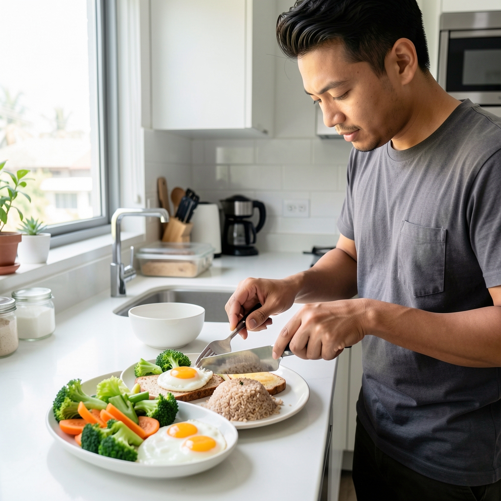 Man preparing a balanced breakfast with fresh vegetables, poached eggs, and brown rice on a bright modern Jakarta kitchen counter
