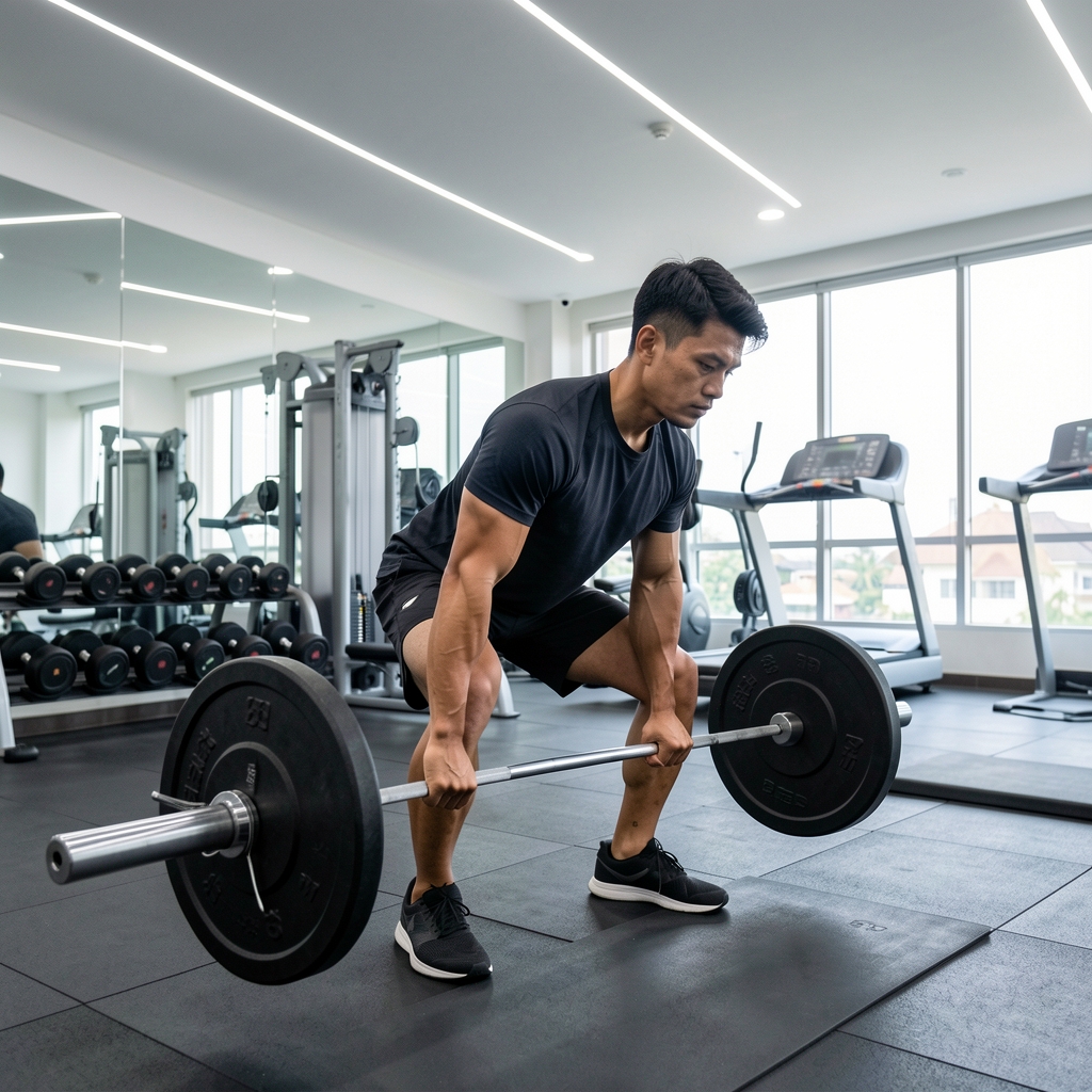 Man performing a controlled deadlift in a clean modern Jakarta gym, technical form captured under bright overhead studio lighting showing focus and precision