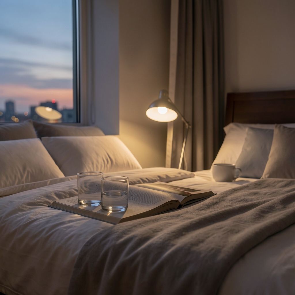 Quiet Jakarta apartment bedroom at dusk, neatly arranged with a book, glass of water, and dim reading lamp demonstrating a structured evening rest preparation routine