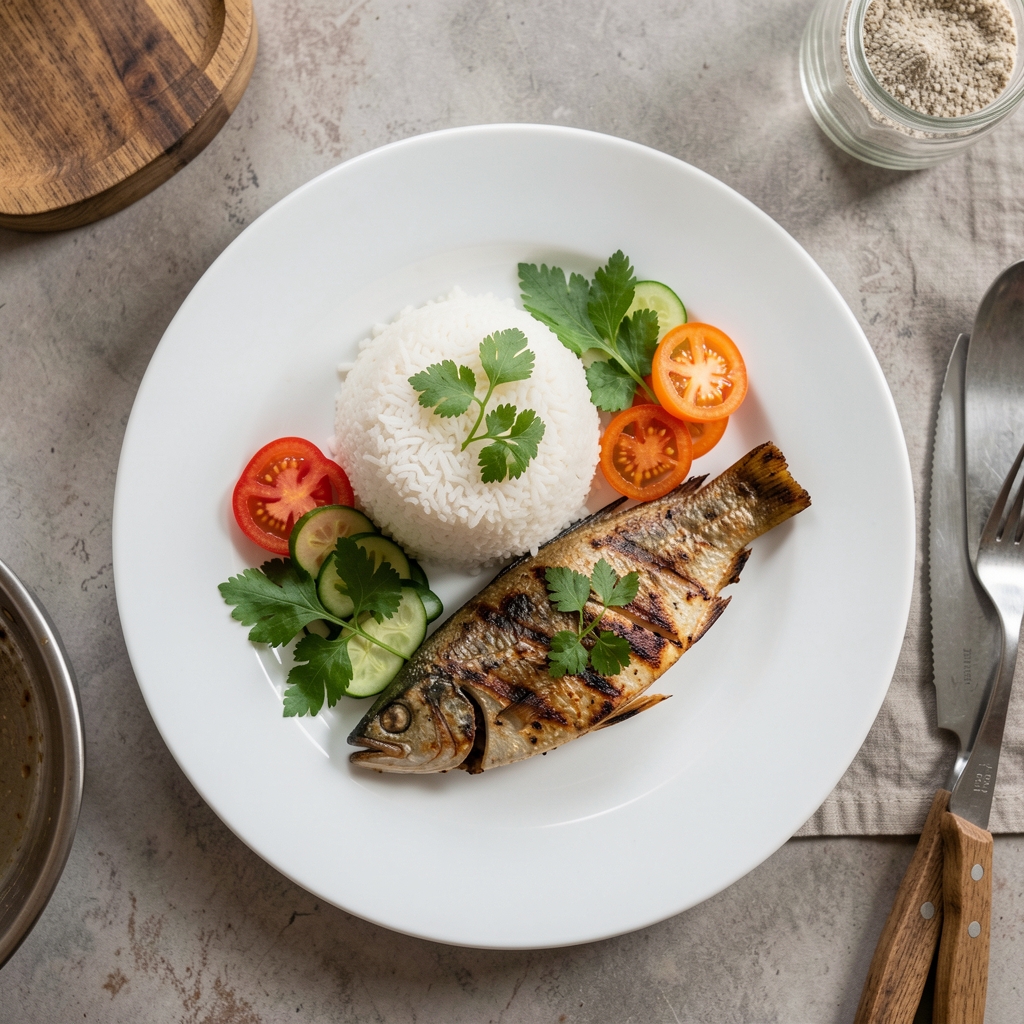 Overhead view of a balanced whole-food meal with rice, grilled fish, fresh vegetables, and herbs on a clean white ceramic plate in a Jakarta kitchen