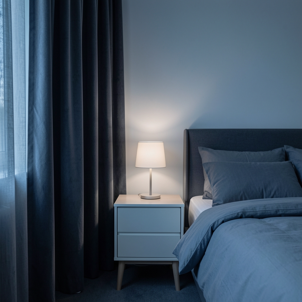 Serene bedroom environment with dark curtains, a minimalist nightstand with a small lamp, and cool ambient lighting, representing a structured sleep environment setup