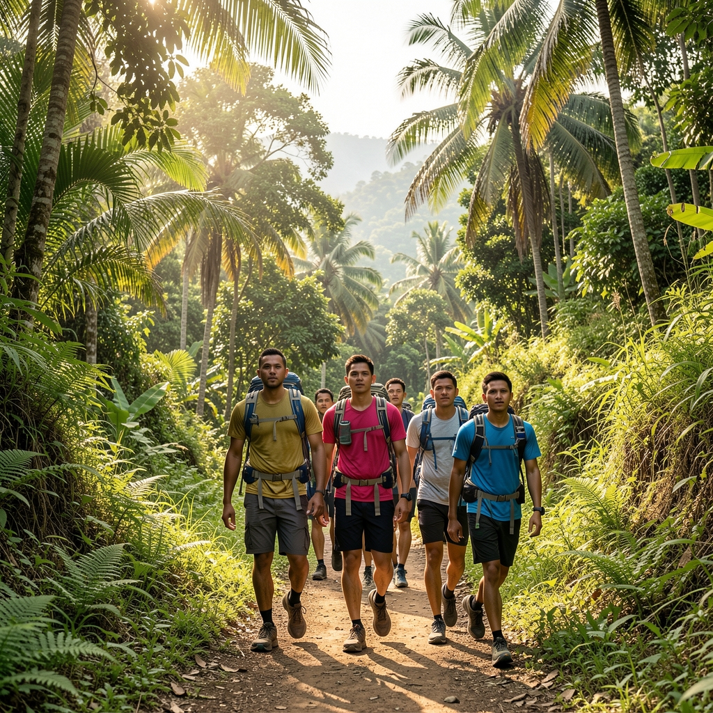 Group of men on a weekend trail hiking in lush green hills outside Jakarta, wearing casual athletic clothing with hydration packs, mid-morning light filtering through tropical trees